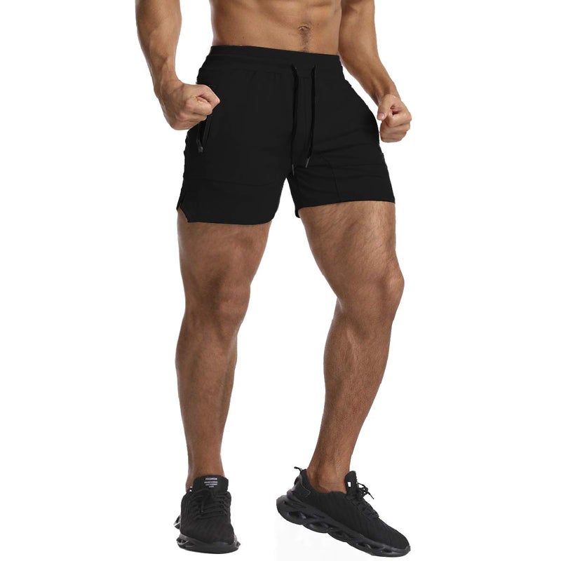 EVERWORTH Men's Solid Gym Workout Shorts Bodybuilding Running Fitted Training Jogging Short Pants with Zipper Pocket Black XXL - Image 2